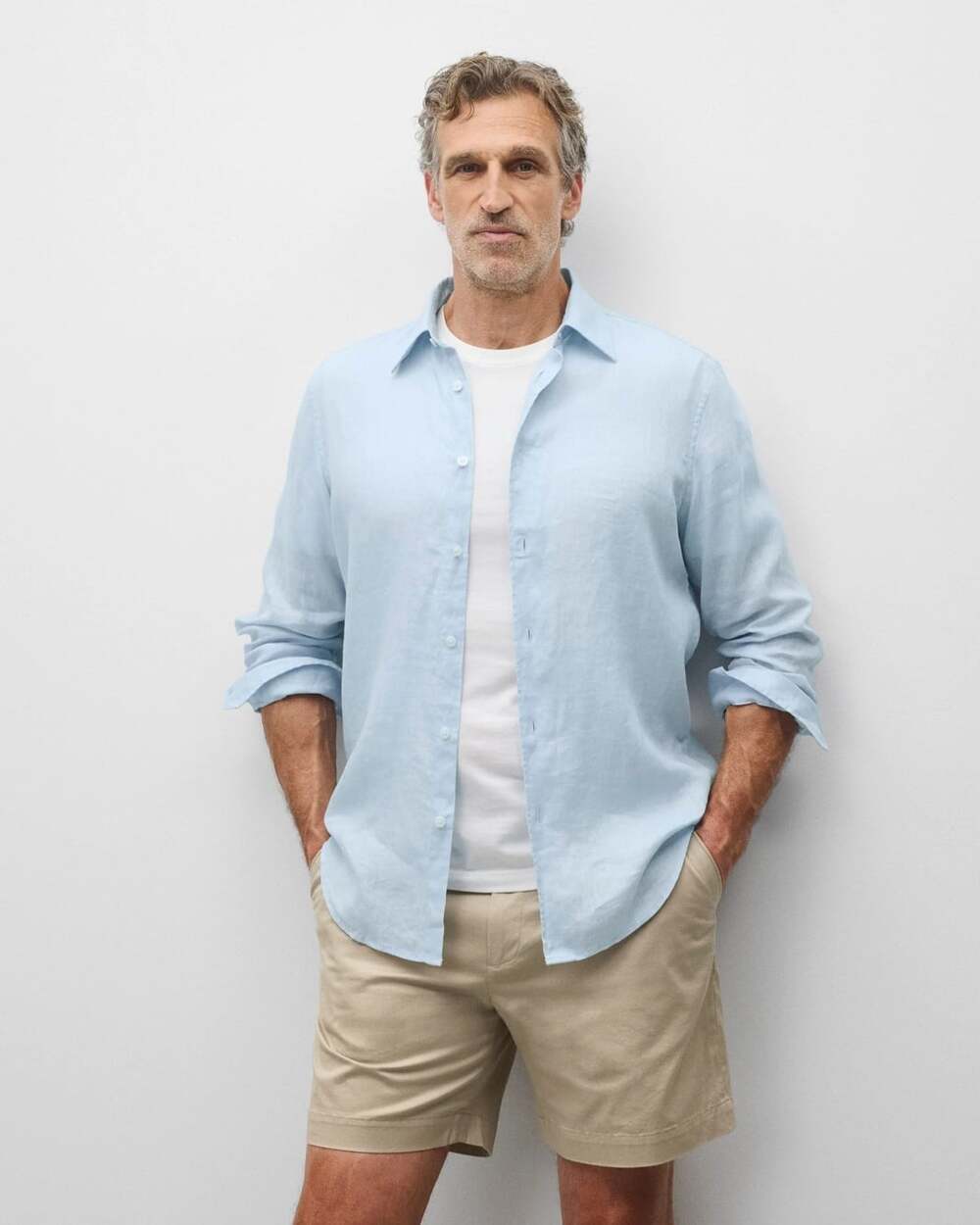 *Flawed* REIGNING CHAMP Plaza Light Blue 100% Linen Button Down Shirt, Size L
